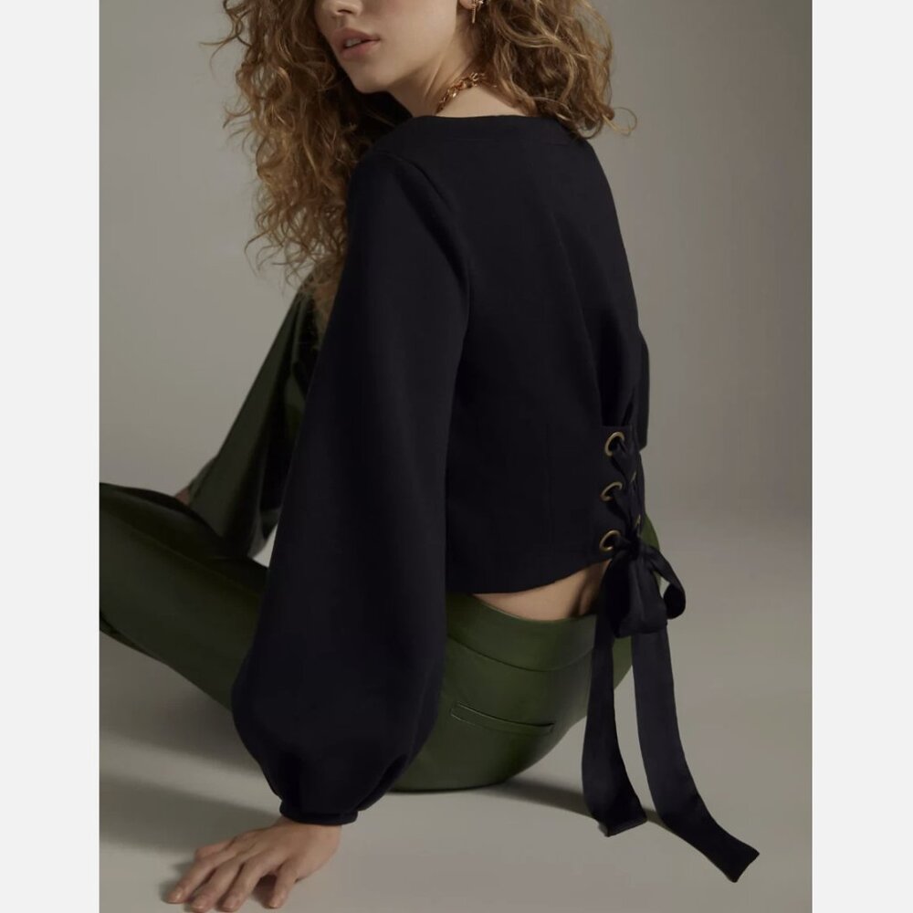 Anthropologie Maeve Black Balloon Sleeve Tie Back Corset Sweatshirt Top